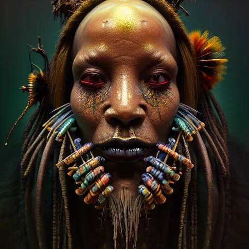 Image similar to a beautiful surreal illustration of witchdoctor highly detailed, liquid oilpaint, doug chiang, gustave dore, leonardo da vinci, trending on artstation, industry, lucid and intricate, rectilinear, digital art, octane, redshift, vray, 8 k, 6 4 megapixels, zbrush central, behance hd, hypermaximalist, well rendered