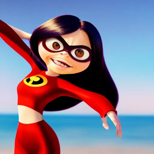 Image similar to realistic photo of Violet Parr from The Incredibles in a two-piece dress at the beach