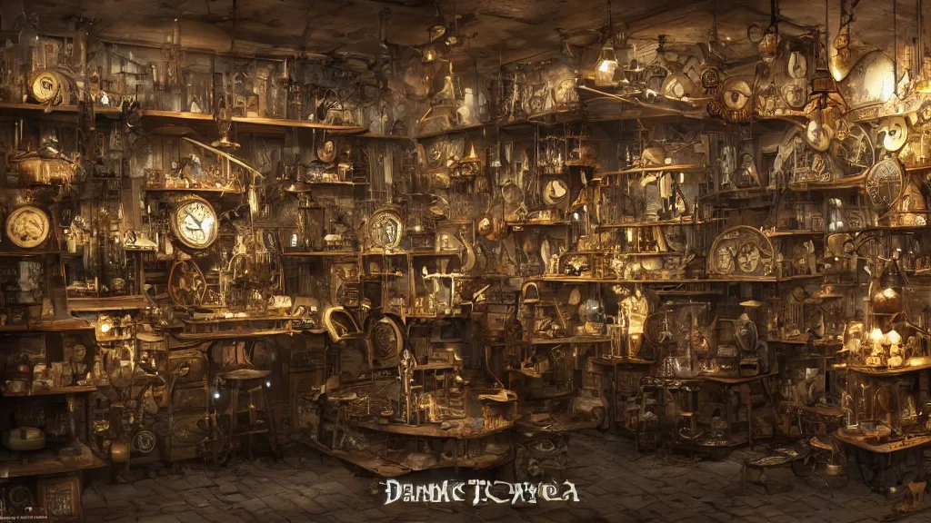 Image similar to A steampunk store, by Danar Worya, ultra detailed displays of weapons and clockwork machinations densely packed on shelves, volumetric lighting, 8k, unreal engine, trending on artstation