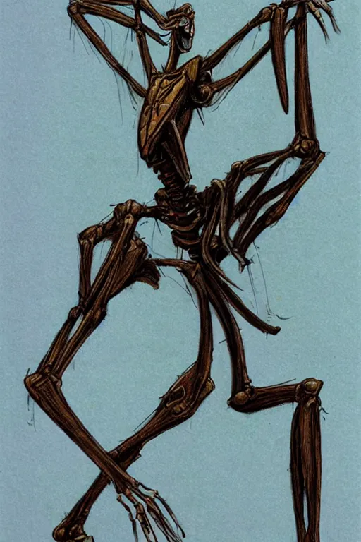 Image similar to antropromorphic stick insect, stick insect standing and talking like a human being, fantasy concept art, drawing by Don Bluth