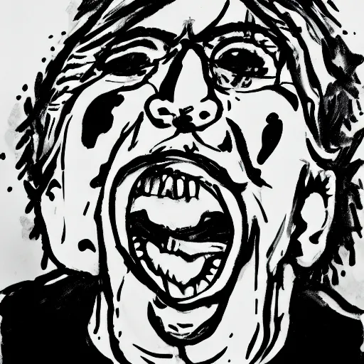 Image similar to portrait of crazy person screaming black ink on paper