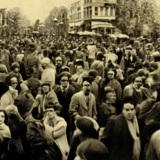 Image similar to a vintage photo of a man with lizard eyes in a crowd of people, old photo, sepia, real photo