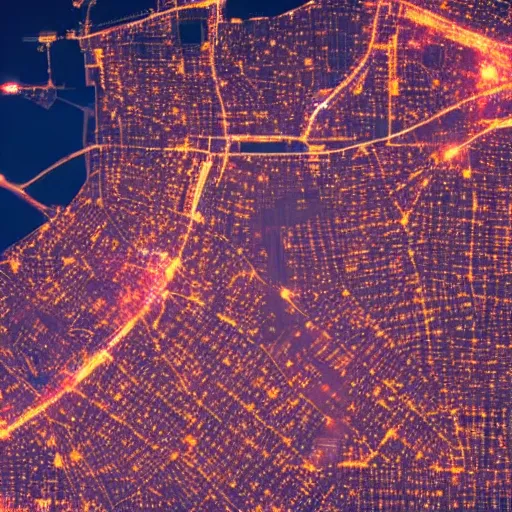 Image similar to satellite view of a metropolis at night, pink lighting