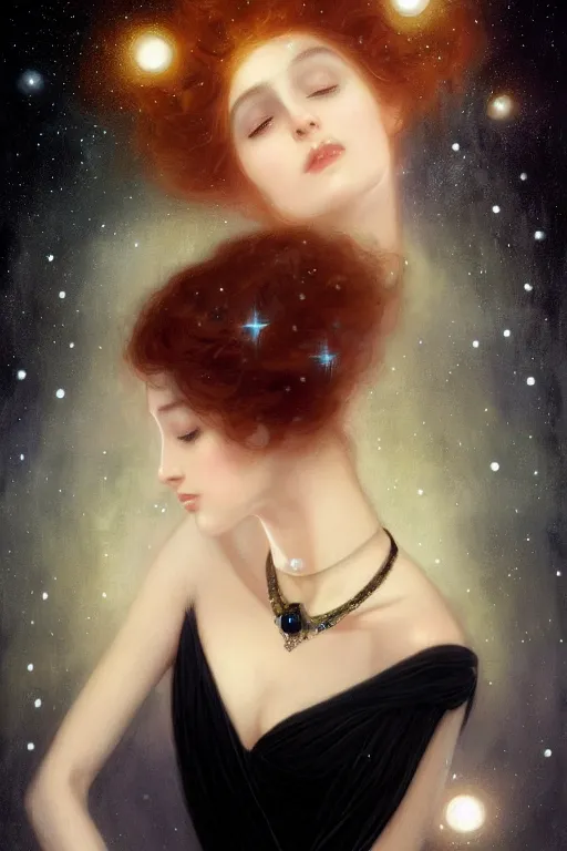 Image similar to Nocturne, glowing, stars, a long-legged elegant sultry woman, long auburn hair, pearl choker, tiara, highly detailed, mysterious, ethereal, dressed in black velvet, haute couture, illustration, dramatic lighting, soft details, painting, by Edmund Blair Leighton, Brom, Charlie Bowater, trending on artstation, faces by otto schmidt