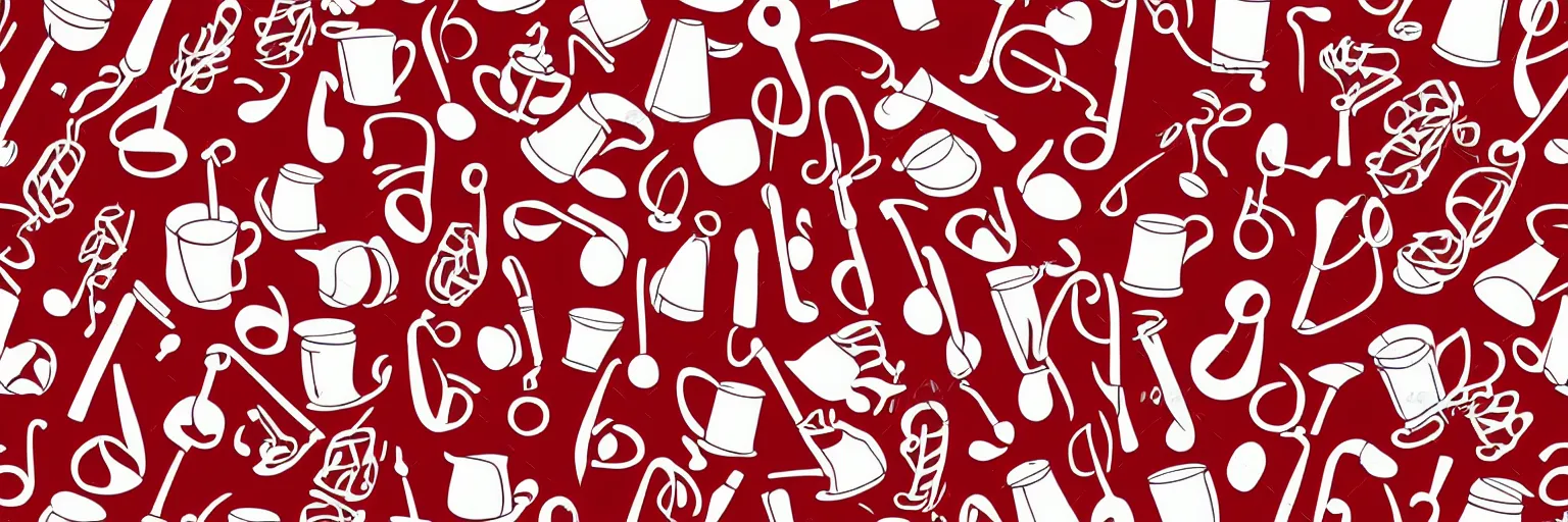 Image similar to seamless pattern design, coffee and musical instrument, simple, red and white,