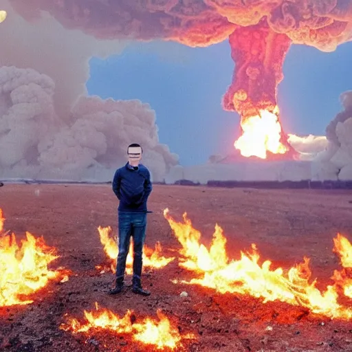 Prompt: , funny and frightened ukrainian burned to bones in dirty yellow and blue rags on the background of a huge nuclear explosion selfie 2 0 2 2, armageddon they will be dead and we go to paradise