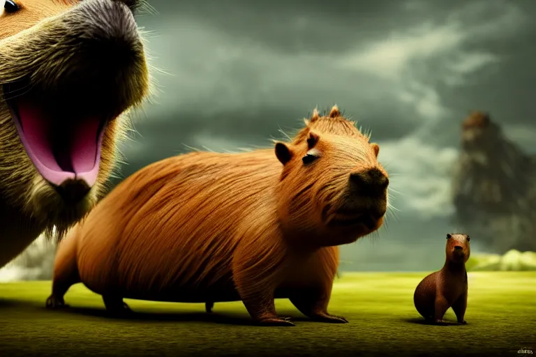 Image similar to two animals : a little capybara and a huge dragon, hyperrealistic, many details, high quality, 8 k