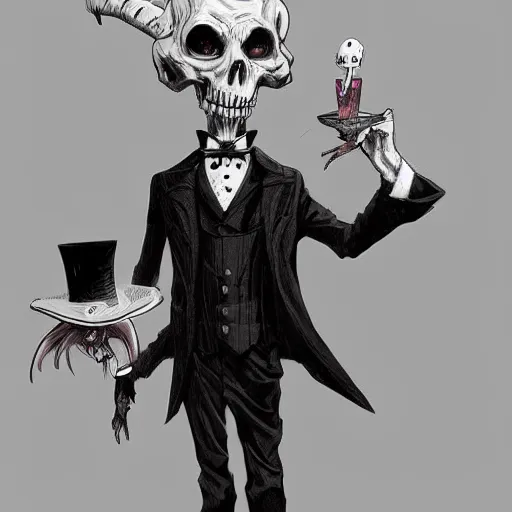 Image similar to undead, ghoul, top hat, tuxedo, concept art, character, digital painting, highly detailed, artstation, style kim jung gi, style junji ito