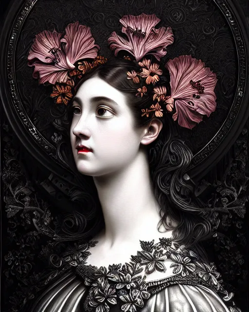 Prompt: masterpiece monochrome profile portrait painting, dutch masters, silver lace floral steampunk biomechanical beautiful one techno eye young female cyborg, big monocular, volumetric light, leaves foliage and stems, hibiscus flowers, gustave dore, rim light, big gothic fashion pearl embroidered collar, 8 k