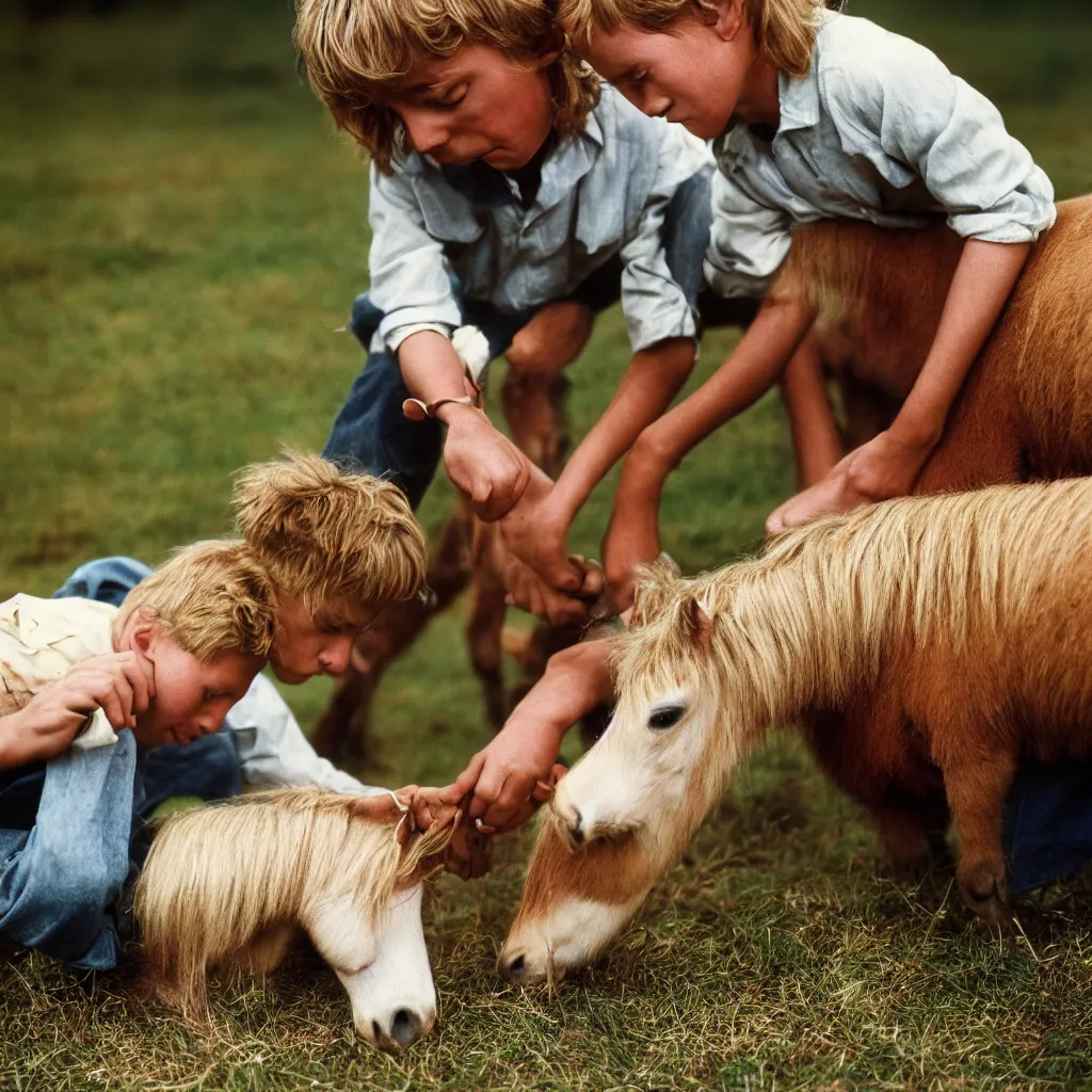 Prompt: realistic extremely detailed closeup portrait of a blond 8 year old boy cleans the hoof of a shetland pony, 1979, colors, hyperrealistic, cinematic, close-up, depth field, Annie Leibovitz