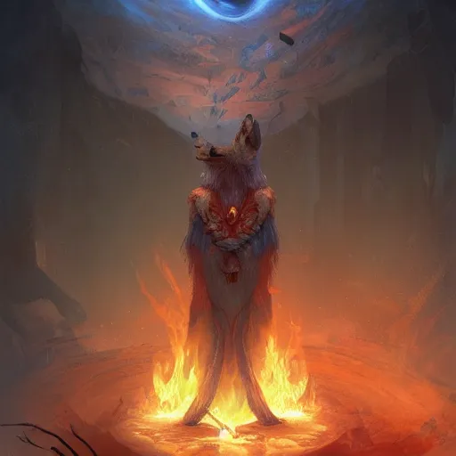 Image similar to anthropomorphic druidic fox in a vortex of flame, 8k resolution matte fantasy painting, cinematic lighting, DeviantArt Artstation, Jason Felix Steve Argyle Tyler Jacobson Peter Mohrbacher