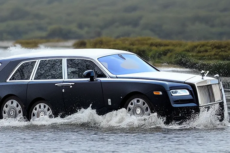 Prompt: Teenagers push Rolls-Royce into lake with their hands from a small slide wanting to drown him