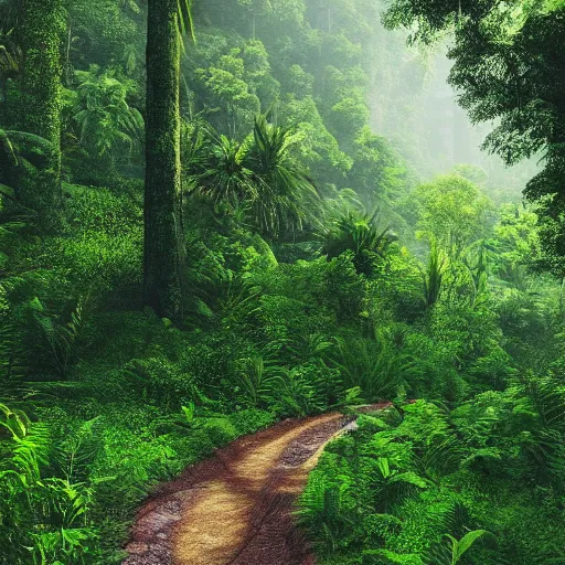 Prompt: an expansive view of a path leading to a futuristic containment building in a forested valley and lush mountains in the distance, tropical, national geographic, hyper realistic, 4 k, hazy light