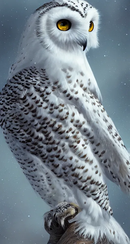 Image similar to painting of beautiful snowy owl, fantasy, hyperdetailed, intricate, by charlie bowater, 8k, octane render, trending on artstation