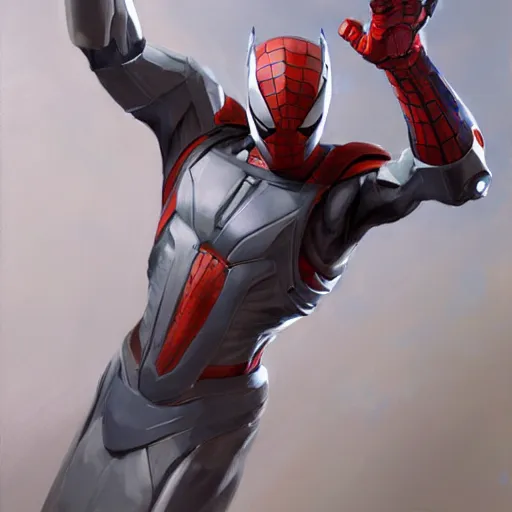 Image similar to greg manchess portrait painting of armored spiderman ultraman grey fox from metal gear cyborg gay japanese - american hybrid as overwatch character, medium shot, asymmetrical, profile picture, organic painting, sunny day, matte painting, bold shapes, hard edges, street art, trending on artstation, by huang guangjian and ail elvgren and sachin teng