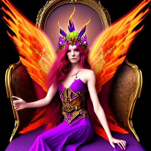 Prompt: Half Fey Princess sorceress with red flaming bird wings on her back and sitting on an ornate throne dressed in a fancy purple dress, Fantasy, Full Portrait, High detail, realistic, planeswalker