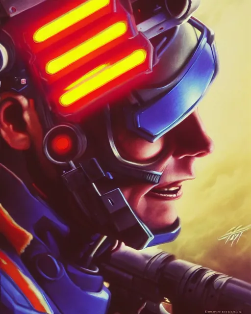 Image similar to soldier 7 6 from overwatch, colorful, fantasy, fantasy art, character portrait, portrait, close up, highly detailed, intricate detail, amazing detail, sharp focus, vintage fantasy art, vintage sci - fi art, radiant light, caustics, by boris vallejo