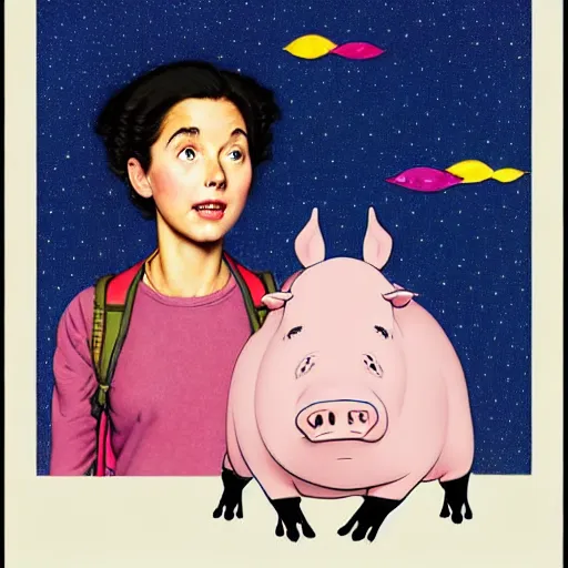 Prompt: portrait of a ( mindless american ) woman and her sidekick talking - pig enveloped in shimming iridescence, backpacking in pakistan about youth and depression, by norman rockwell, pixar, studio ghibli, toei, intricate line work, beautiful, complete light occlusion, rim light, pop - out, collage, trending on pinterest, artstation 8 k