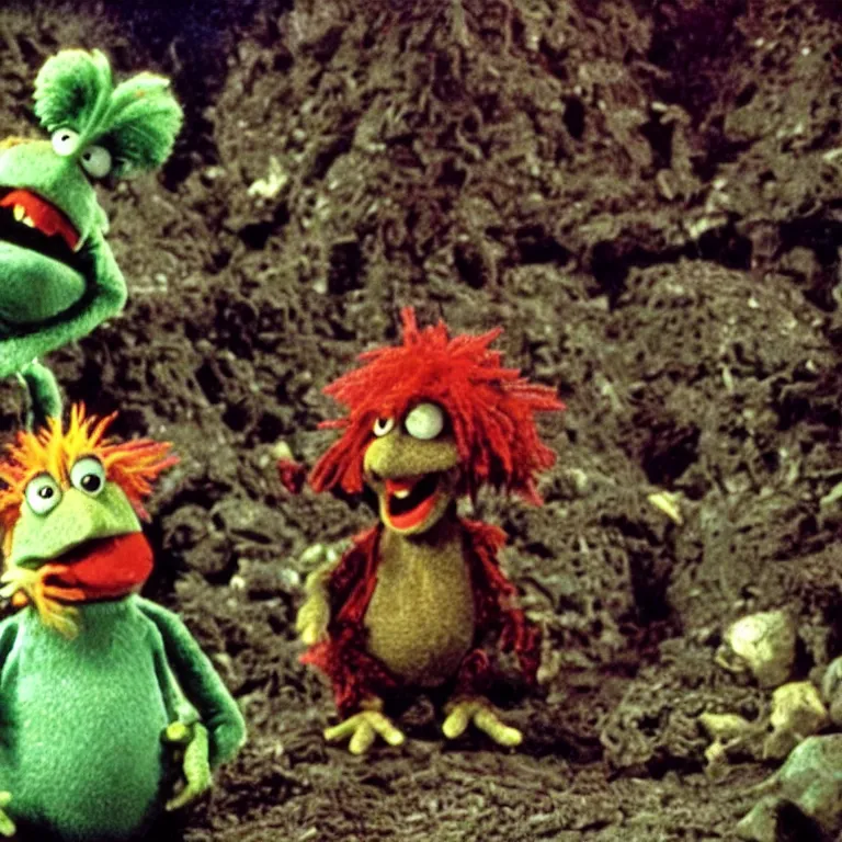 Prompt: gobo fraggle and wembley fraggle discover an ancient city buried deep beneath fraggle rock, lovecraftian cosmic horror, 1 9 8 0 s, vhs, still frame