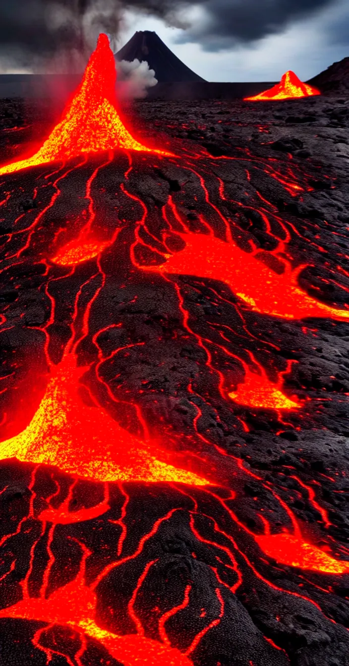 Prompt: realistic photo of volcanic lava eruption at too many locations, wide angle shot, very sharp focus, dark background, very hyper realistic, highly detailed, fantasy art station