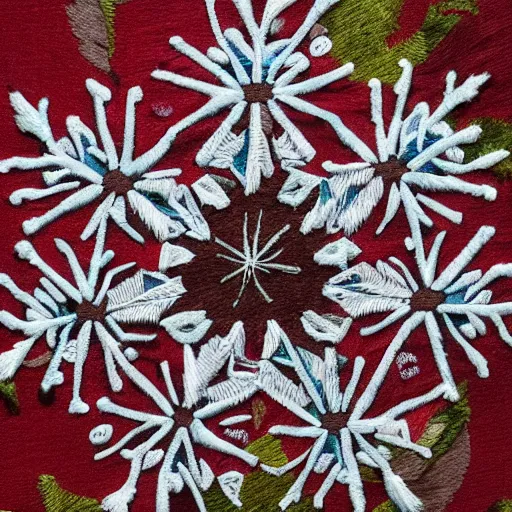 Prompt: ethereal snowflake faces, embroidered in silk. 3840 2160 art