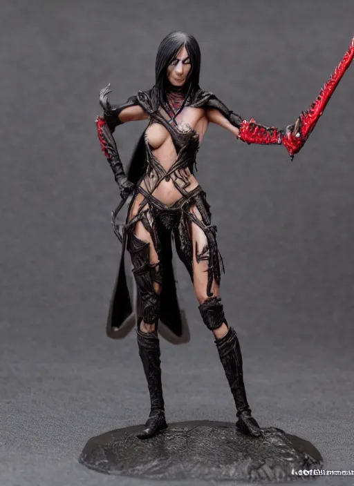 Image similar to 80mm resin detailed miniature of a Dark Elf Female, clothed in dark elf suit, black skin, red eye, long sliver hair, Elven Dagger, Product Introduction Photos, 4K, Full body