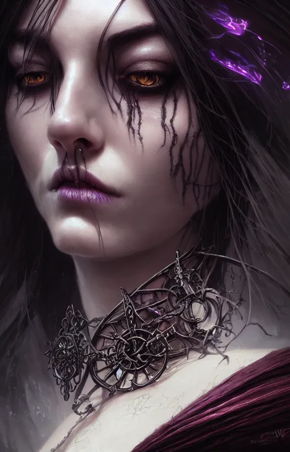 Image similar to Necromancer Sorceress face close-up macro in center, fantasy magic, undercut hairstyle, dark light night, intricate, elegant, sharp focus, illustration, highly detailed, digital painting, concept art, matte, art by WLOP and Artgerm and Greg Rutkowski and Alphonse Mucha, masterpiece