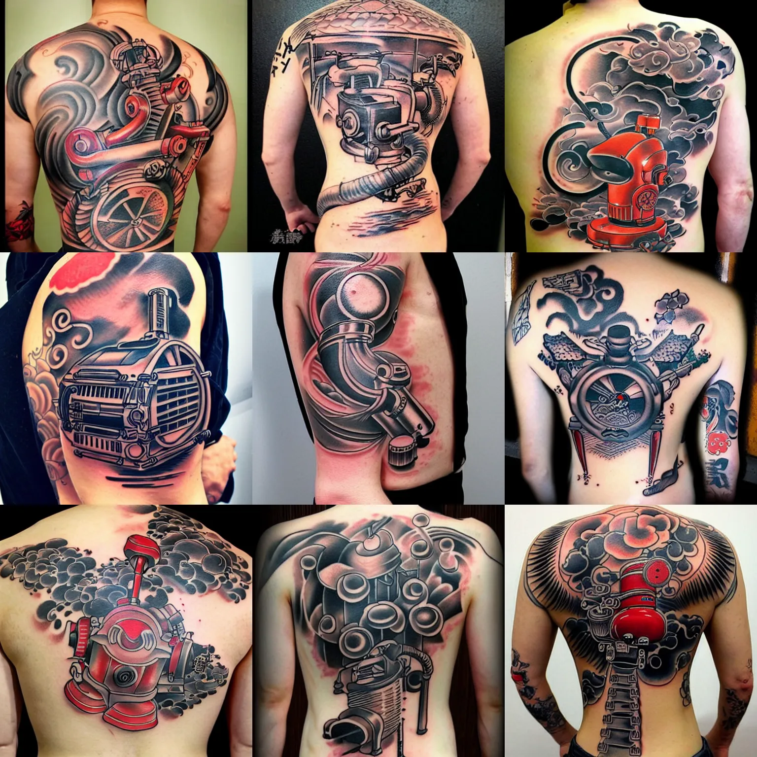 Prompt: elaborate full - back irezumi tattoo of an industrial vacuum cleaner, tattoo parlor photo, realistic and coherent