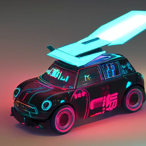 Prompt: full shot of a box - shaped sci - fi flying vehicle made from dark glass and plastic surfaces with neon kanji decals in the style of bladerunner 2 0 4 9, mini cooper s, side lights, studio lighting, octane render, light background