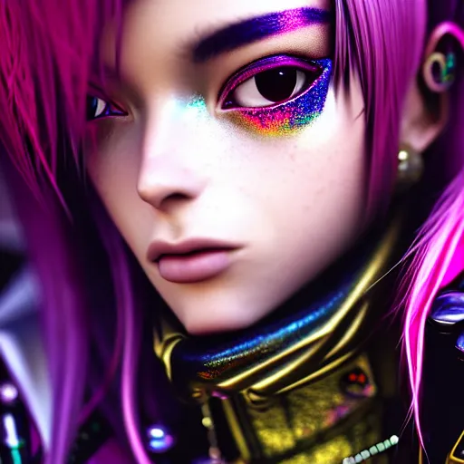 Image similar to hyperdetailed close portrait of a stunningly beautiful pink cyberpunk cute european girl with dark hair made of metals and shiny iridescent gems, dark rainbow nimbus, gold necklace, puffer jacket, inspired by ross tran and masamune shirow and kuvshinov, intricate, photorealistic, octane render, rtx, hdr, unreal engine, dnd digital art by artgerm