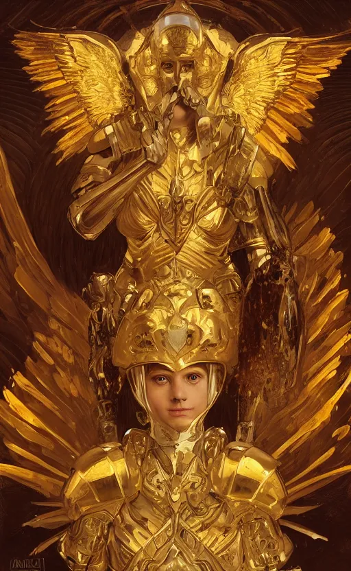 Image similar to Portrait of an archangel with golden wings, heavy armor and helmet, confident, heaven background, intricate, headshot, highly detailed, digital painting, artstation, concept art, sharp focus, cinematic lighting, illustration, art by artgerm and greg rutkowski, alphonse mucha, cgsociety