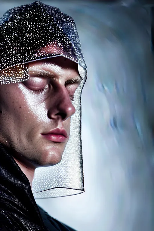 Image similar to an ultra high definition professional high fashion portrait studio full length photograph of a male model sleeping wearing a transparent pearlescent raincoat and neon visor in an icelandic black rock environment at dawn. no artefacts. extremely detailed. stark. refraction. shallow depth of field. volumetric light and shadow. ray tracing. light rays.