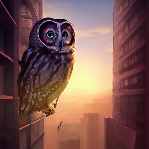 Prompt: an owl watching the sunset from a building, cyberpunk, digital art, artstation trend, HDR