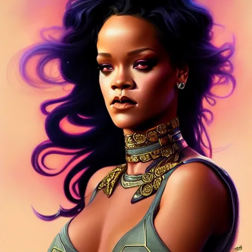 Image similar to Rihanna as a fantasy magic woman portrait, sci-fi, amber eyes, face, long hair, fantasy, intricate, elegant, highly detailed, digital painting, artstation, concept art, smooth, sharp focus, illustration, art by artgerm and greg rutkowski and alphonse mucha