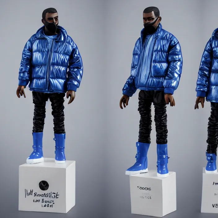 Prompt: a goodsmile figure of kanye west using full face - covering mask with small holes. a small, tight, undersized reflective bright blue round puffer jacket made of nylon. a shirt underneath. black jeans pants made of nylon. a pair of big rubber boots, figurine, detailed product photo, professional photo, full body and face, studio lighting, studio photo