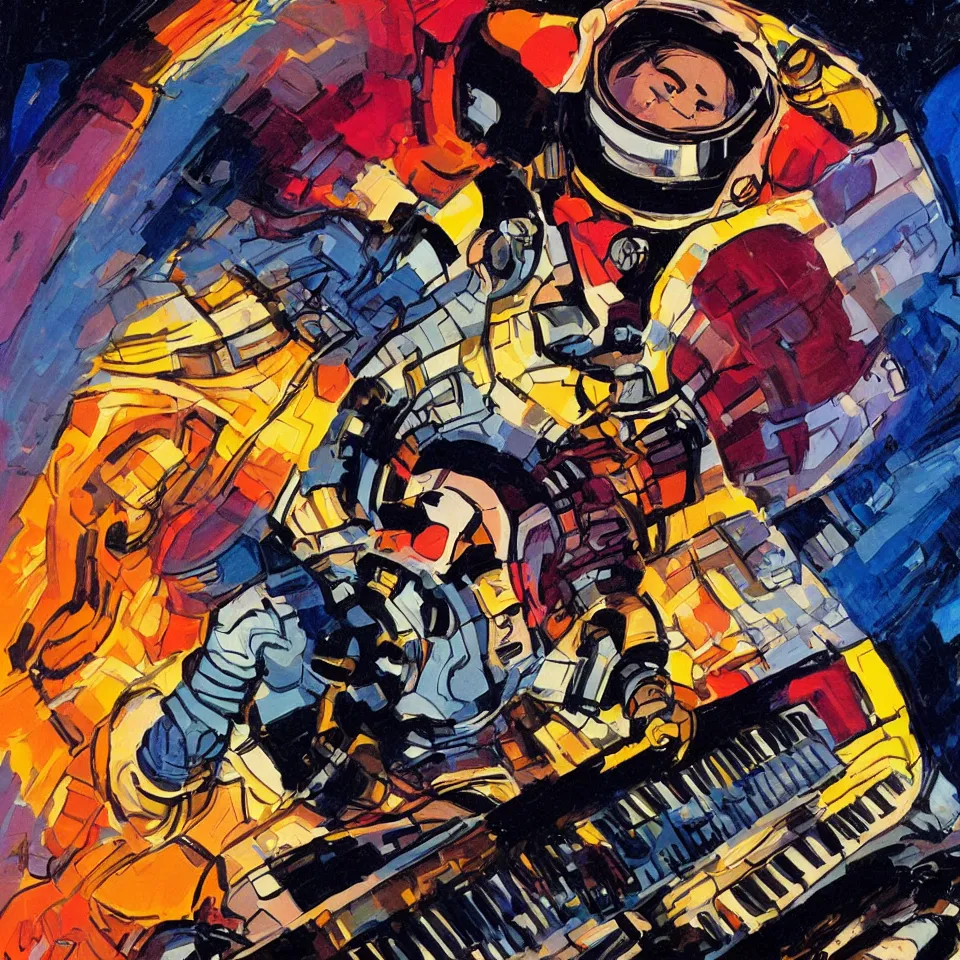 Prompt: portrait astronaut playing a keyboard by jack kirby, dynamic lighting, cinematic, epic composition, masterpiece