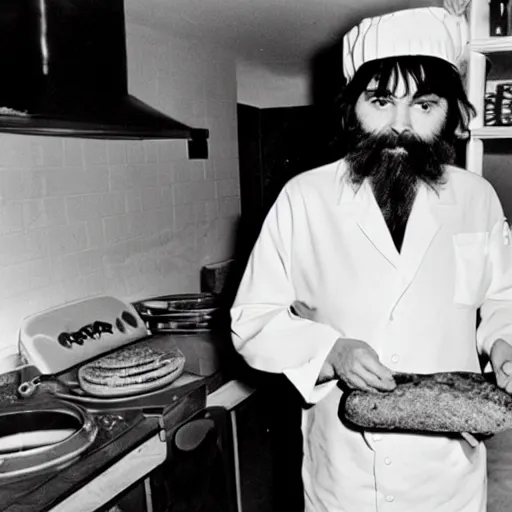 Prompt: charles manson baking a loaf of bread wearing a chef hat