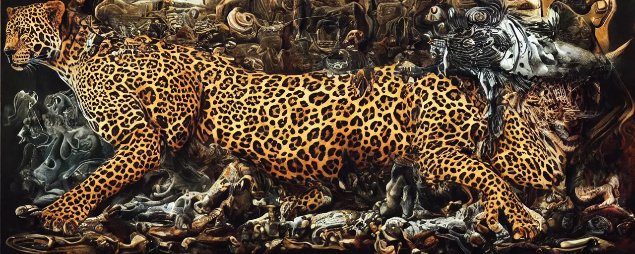 Image similar to an intricated and detailed painting of a shaman turning into a jaguar by salvador dali 4 k render