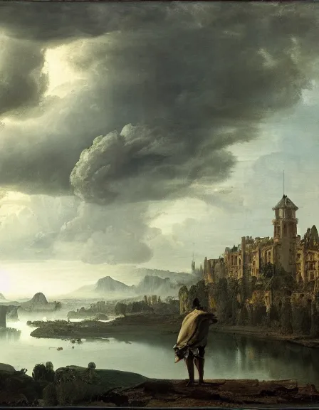 Image similar to a frog looking the end of world by Ansel Adams and Bernardo Bellotto, oil on canvas, artstation, dramatic scenery, masterpiece, aesthetic