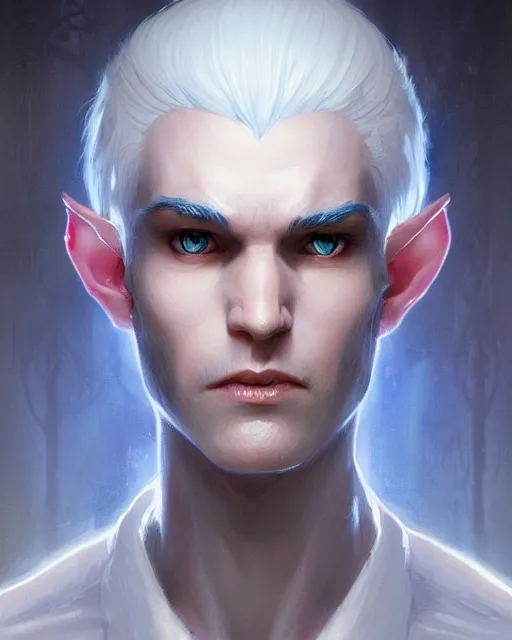 Image similar to character portrait of a slender young half elven man with white hair, piercing bright blue eyes, and pale blue skin, by greg rutkowski, mark brookes, jim burns, tom bagshaw, trending on artstation