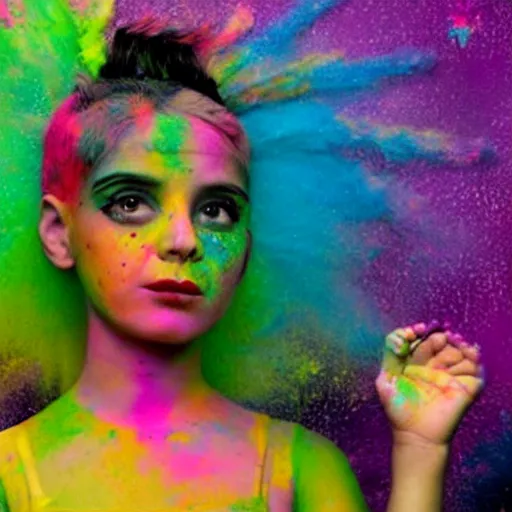 Prompt: A still of an extremely cute and adorable colorful vibrant holi nebula punk girl with a modern futuristic hairstyle, painted by Mark Ryden