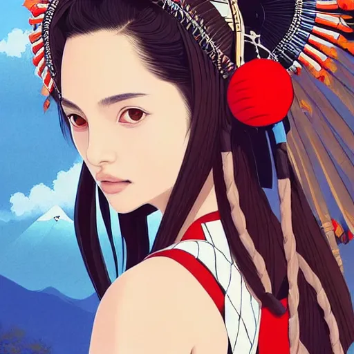 Image similar to a beautiful young japanese natalie portman alluring gravure model, stylized concept art, wearing elegant designer bomber jacket and one piece bikini, bomber jacket with mesoamerican patterns, mesoamerican native street fashion, princess mononoke, painted by ilya kuvshinov aesthetic, gorgeous, stunning, alluring, attractive, artstation, pinterest, digital art
