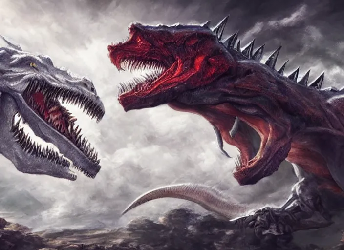 Image similar to a white dragon fighting a tyrannosaurus rex, intricately detailed, concept art