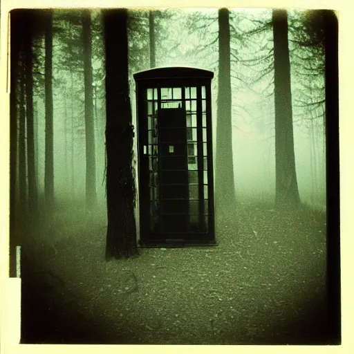 Image similar to a phone booth in the middle of a forest at night, dark, foggy, eerie, creepy, unsettling, lost footage, old polaroid, expired film,