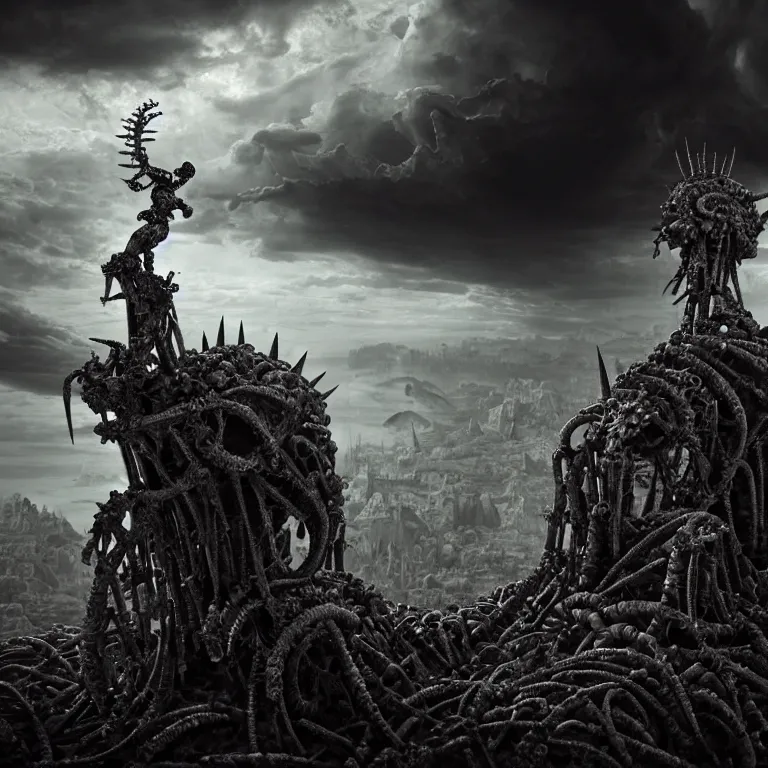 Prompt: surreal greek spine spinal statue covered with spikes, dark dramatic clouds, surreal abandoned buildings, dream-like heavy atmosphere, baroque painting, beautiful detailed intricate insanely detailed octane render trending on Artstation, 8K artistic photography, photorealistic, dramatic volumetric cinematic light, chiaroscuro, Raphael, Caravaggio, Beksinski, Giger