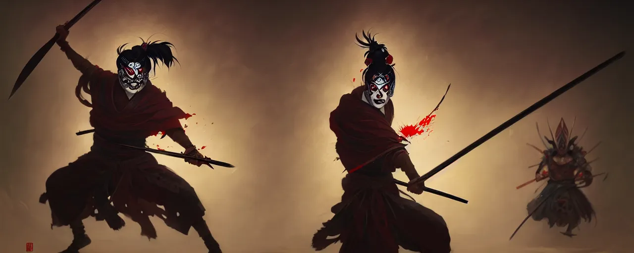 Prompt: portrait of a mad kabuki warrior wielding a spear, visible aura of madness distorting the surroundings, greg rutkowski style, high quality, 8 k,