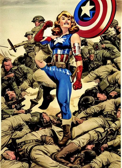 Image similar to beautiful female captain america standing on a pile of defeated, beaten and broken german soldiers. feminist captain america wins wwii. american wwii propaganda poster by james gurney. gorgeous face. overwatch. ralph bakshi