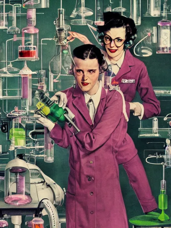 Prompt: a female mad scientist in a lab coat, and a partially - built retro robotic!!! man!!! in a suit, both in a darkly lit laboratory room surrounded by test tubes and jars, 1 9 5 0 s horror film movie poster style, ( norman rockwell oil painting ), retro vintage, saturated pink and green lighting, shadowy lighting