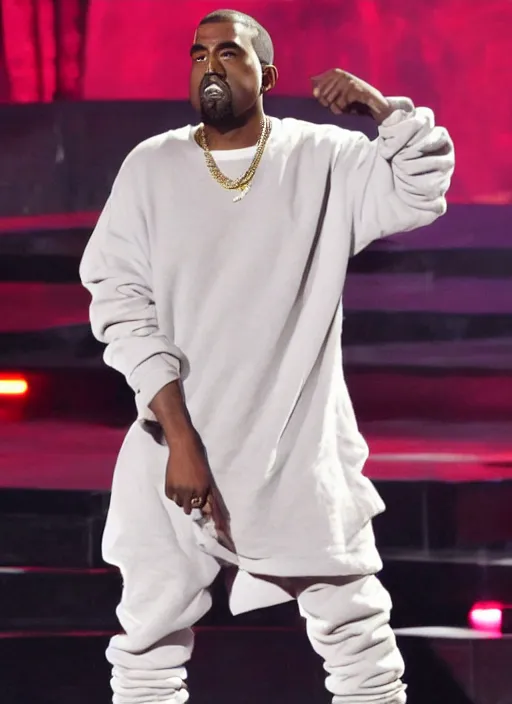 Prompt: kanye rapping on stage but the microphone is a giant tuna fish