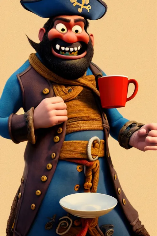 Image similar to portrait of the pirate blackbeard very expressive holding a cup of coffee, full body with a pirate ship on background. pixar disney 4 k 3 d render funny animation movie oscar winning trending on artstation and behance. ratatouille style.